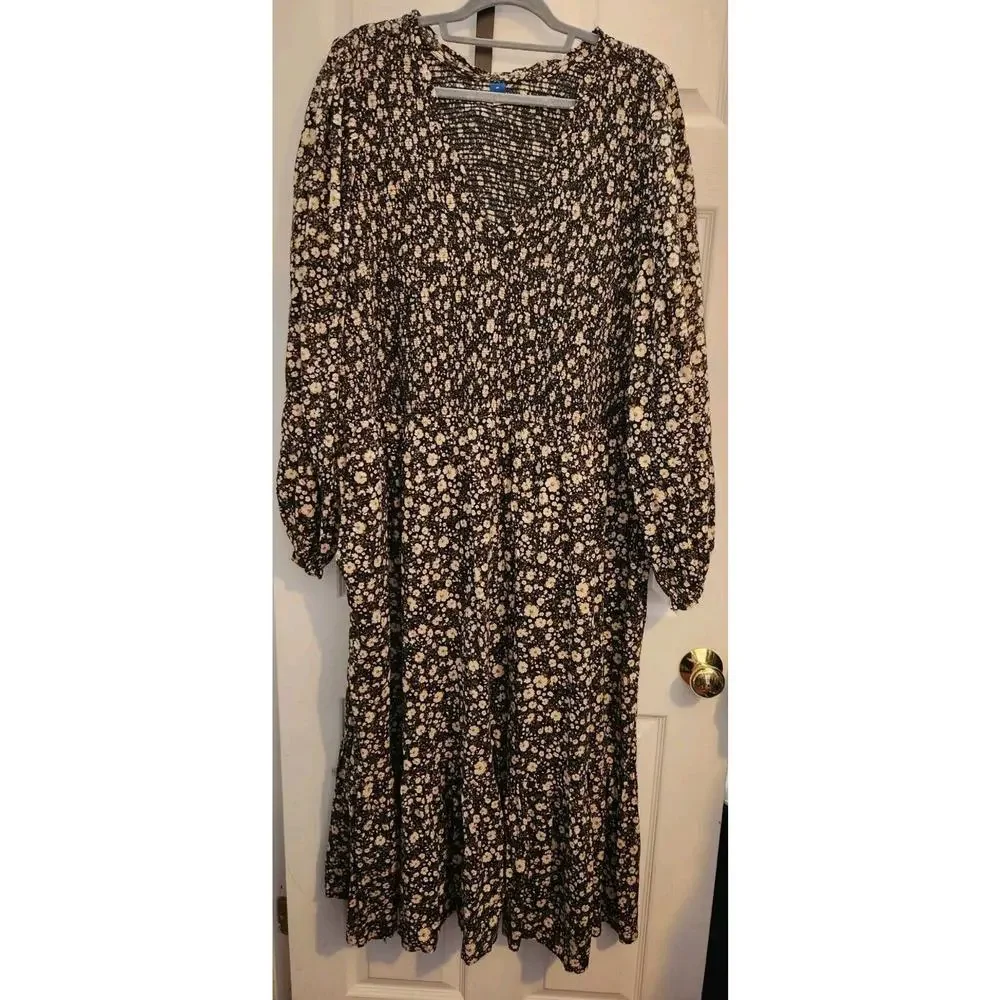 Old Navy Womens Plus 4X Floral Smocked Maxi Dress Long Sleeve Pockets V Neck NWT